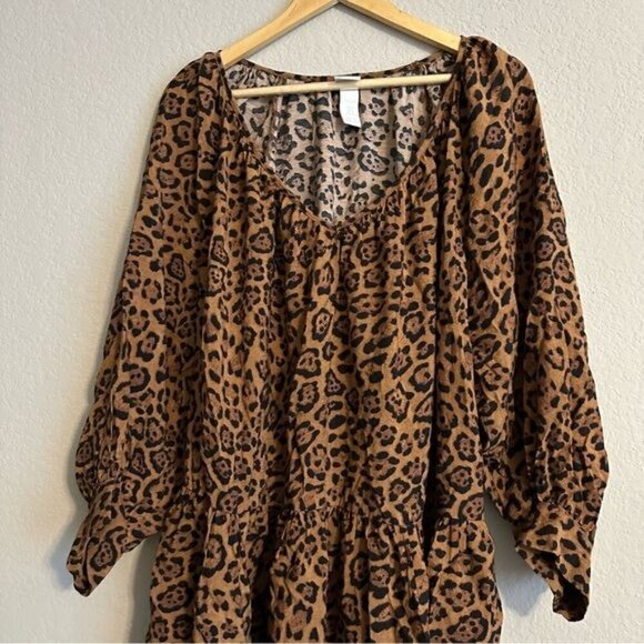 H&M Leopard Print Puff Sleeve V-NeckDrop Waist Dress Size Medium - Picture 5 of 12